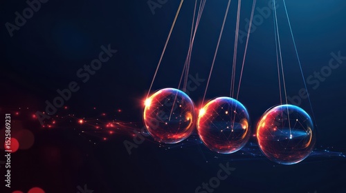 Newton's Cradle swinging, dark background, energy flow, abstract concept