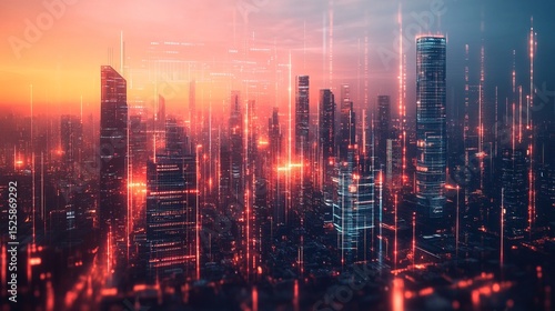 Wallpaper Mural A futuristic city skyline with digital charts overlaying glowing skyscrapers Torontodigital.ca