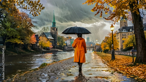 Woman walking under umbrella on a rainy autumn day in a fictional city. Vibrant colors contrast with the twilight skyWoman walking under umbrella on a rainy autumn day in a fictional city. Vibrant col