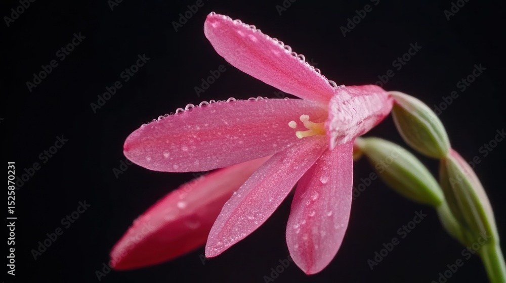 Fototapeta premium Pink rain lily, dew drops, black background, close-up, botanical