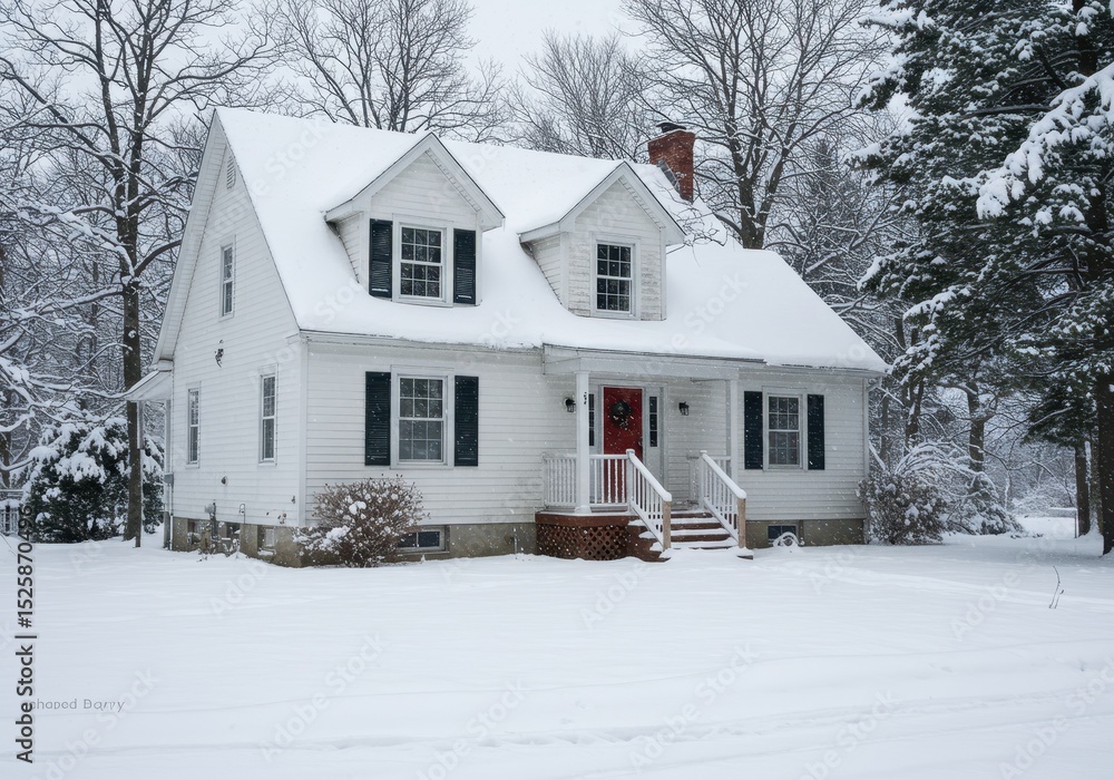 Naklejka premium White house covered in snow during winter season with bare trees