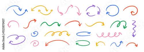 Hand drawn crayon wavy arrow collection. Color curved, zig zag and squiggle doodled arrows set. Charcoal sketch pointer and direction lines. Vector pastel pencil, chalk or marker brush stroke elements