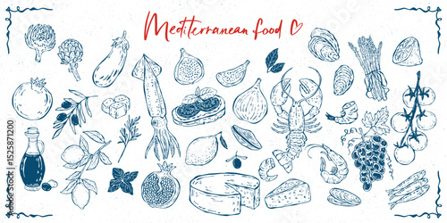 A collection of hand-drawn illustrations featuring Mediterranean food. Icons or symbols of seafood, cheese, vegetables, and wine. Hand-drawn vector artwork perfect for cafe or restaurant menu design.