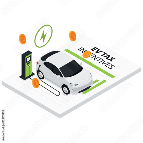 Isometric Electric Car. Vector illustration of Electric car benefits from government tax incentives encouraging green vehicle adoption. Isolated on background