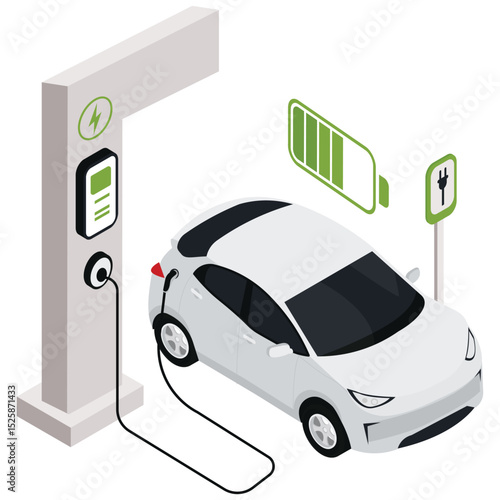 Isometric Electric Car. Vector illustration of A modern electric car connects to a basic public charging port for battery refill. Isolated on background