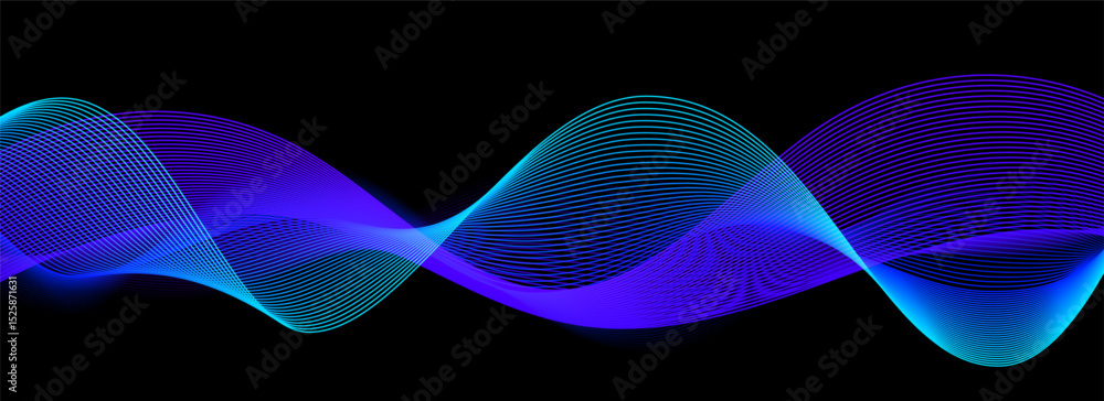Neon sound wave on black background. Abstract flowing wavy dot lines design for ai concept, eq equalizer, audio record, voice assistant. Vector blue purple gradient dashed curve stripe wallpaper