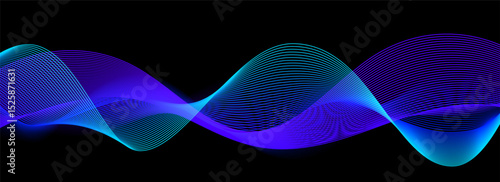 Neon sound wave on black background. Abstract flowing wavy dot lines design for ai concept, eq equalizer, audio record, voice assistant. Vector blue purple gradient dashed curve stripe wallpaper