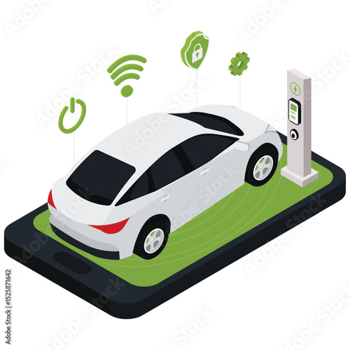 Isometric Electric Car. Vector illustration of Electric vehicle on a smartphone platform with icons for wireless and security. Isolated on background