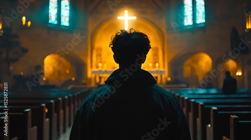 Silhouette of person facing illuminated cross in church