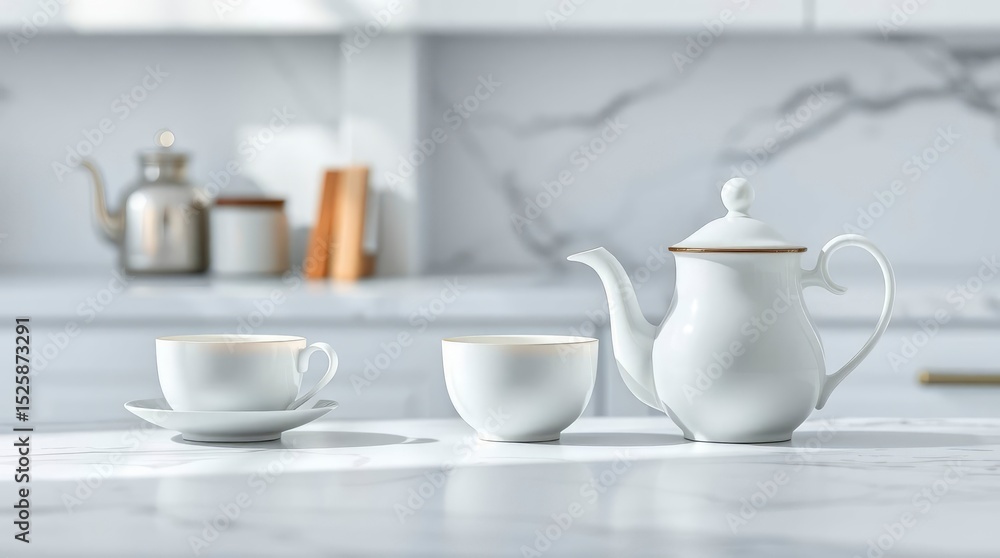 A white teapot a cup and a saucer sit on a marble countertop against a blurred kitchen backdrop A white teapot a cup and a saucer sit on a marble countertop against a blurred kitchen backdrop