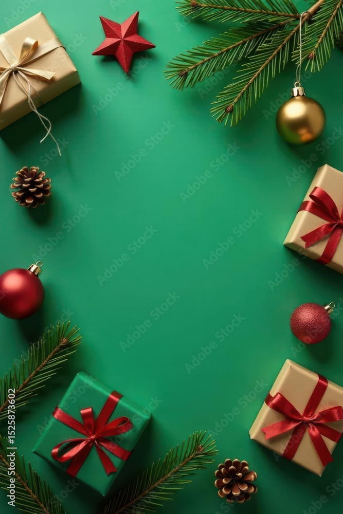Rustic Christmas card mockup design; green backdrop, wrapped gifts, pine sprigs, seasonal, winter holiday, rustic background Rustic Christmas card mockup design; green backdrop, wrapped gifts, pine sprigs, seasonal, winter holiday, rustic background
