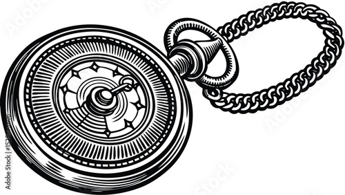 Pocket Watch Engraved Line Art – Black and White Outline Close-Up in Vintage Etching Style