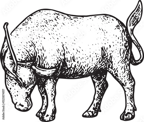 A rustic black-and-white illustration of a water buffalo, symbolizing rural Thai life and agriculture in vintage design