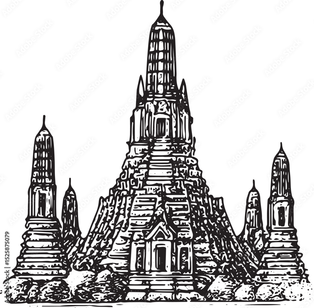 Obraz premium A intricate black-and-white drawing of Wat Arun, the iconic Thai temple, showcasing architectural beauty and spiritual heritage
