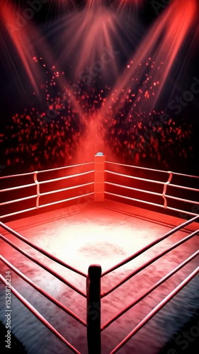 Illuminated empty boxing ring under bright red spotlights. Professional wrestling arena with ropes and corner post bathed in dramatic stage lighting.