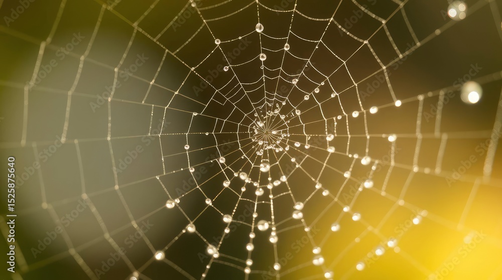 Obraz premium Dewcovered spiderweb glistening with droplets on a blurred green and yellow background