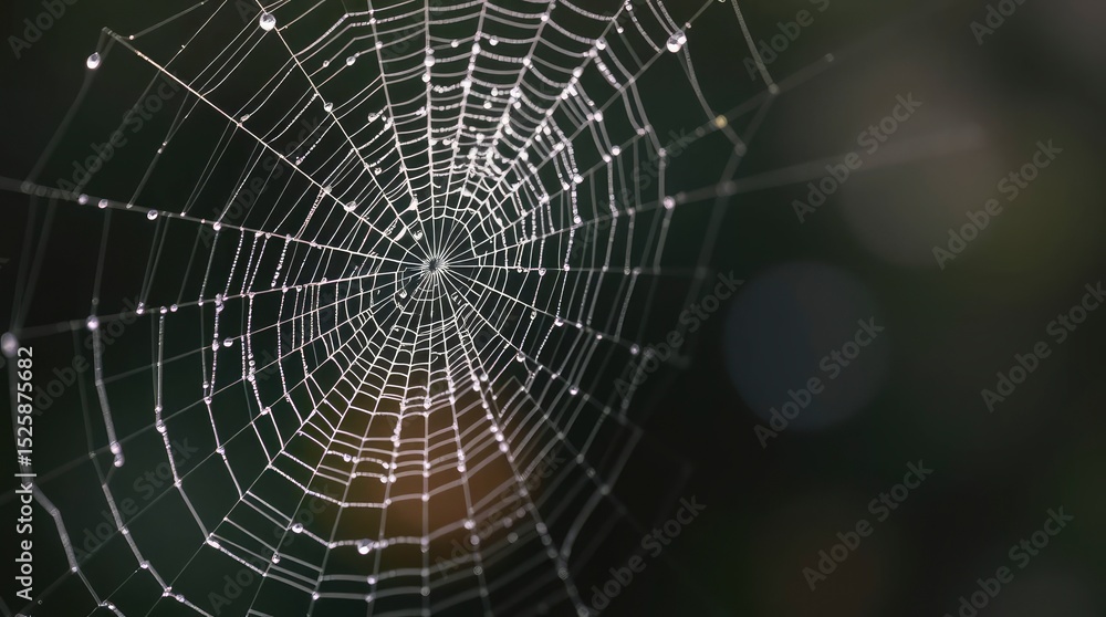 Fototapeta premium Dewdropladen spiderweb gleams against a dark background showcasing intricate lines and water droplets