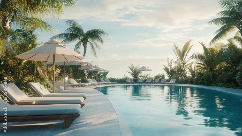 Fototapeta premium Luxurious tropical resort with pool and palm trees for relaxation