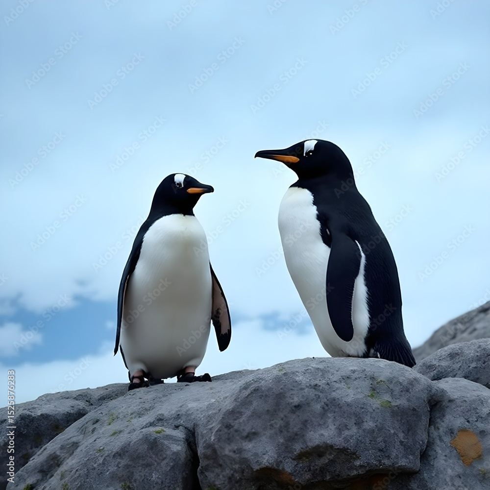 Obraz premium It features two penguins standing on a rock surface.