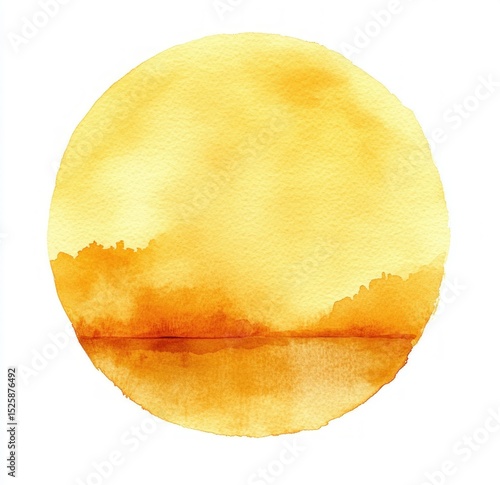 Watercolor painting of a round golden yellow sun setting over a calm landscape with soft tree silhouettes and reflective water creating a peaceful atmosphere