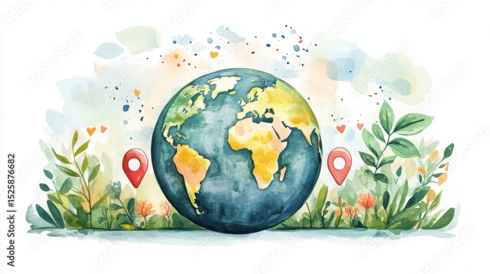 Naklejka premium A watercolor illustration of Earth surrounded by plants, flowers, and location markers, highlighting nature and global connection.