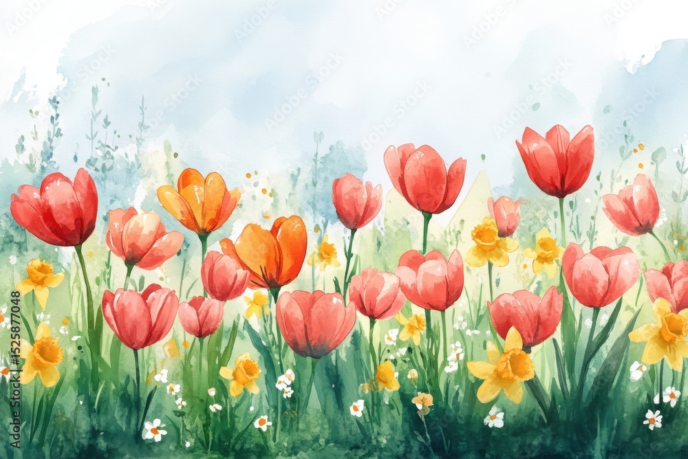 Obraz premium A colorful watercolor painting of red and yellow flowers blooming in a lush green garden under a bright sky.