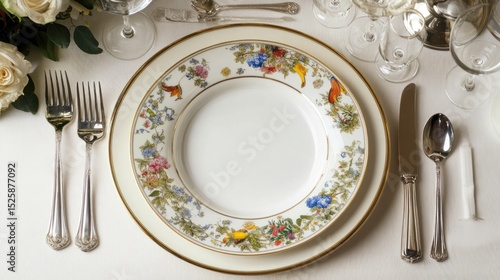 Exquisite fine dining table setting adorned with floral china and silverware