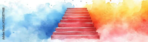 Wallpaper Mural A red staircase leads upward through colorful watercolor clouds of blue, yellow, and red, symbolizing progress or aspiration. Torontodigital.ca