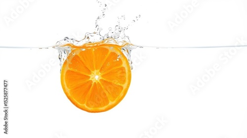 Orange slice submerged in clear water creating splash effect