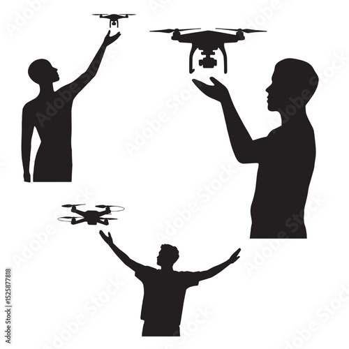 silhouettes of people flying and controlling drones showing modern technology hobby aerial photography and innovative use of remote controlled flying gadgets