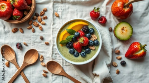 Wallpaper Mural Smoothie bowl with fruits and nuts beside wooden spoons and scattered ingredients on a white cloth Torontodigital.ca