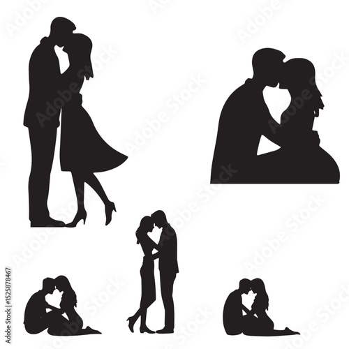 silhouettes of romantic couples standing sitting and various affectionate poses expressing love relationship and emotional connection between partners