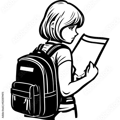 Sketchy emblem of girl looks at the map in confusion in monochrome. Engraving minimalistic vector in black ink drawing on transparent background