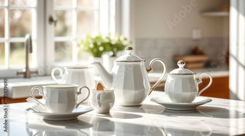 Wallpaper Mural White tea set with gold trim on a marble surface in a bright kitchen setting Torontodigital.ca