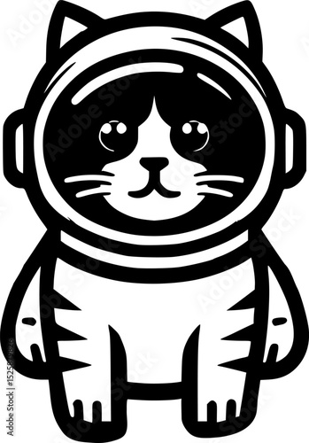 Sketchy cosmic emblem of Cosmonaut cat awaiting launch of a spaceship in monochrome. Engraving minimalistic vector in black ink drawing on transparent background