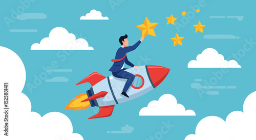 Success achievement, boost growth development to reach target, leadership to win business challenge, startup, entrepreneur or ambition to win, businessman riding fast rocket to reach success star.