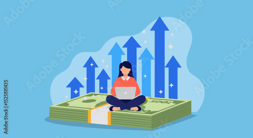 Increase income or salary raise, growing investment, wealth or saving profit, revenue rising, improvement or accumulate wealth concept, woman working with computer on banknote money growing graph.