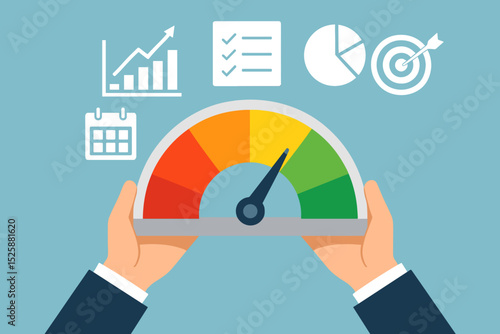 KPI key performance indicator, success benchmark or measuring goal achievement, metric or comparison standard, winning target dashboard concept, businessman hand with KPI performance gauge scale.