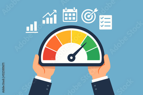 KPI key performance indicator, success benchmark or measuring goal achievement, metric or comparison standard, winning target dashboard concept, businessman hand with KPI performance gauge scale.