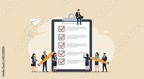 Checklist to complete project task, accomplish work checkmark, todo list clipboard or project status report, plan to finish work concept, business people holding pencil complete task checkbox.
