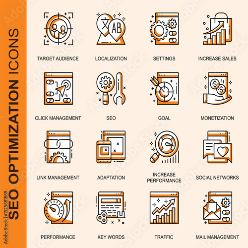 Set of seo optimization  related line icons. Search, marketing, research, optimize etc. Editable stroke.