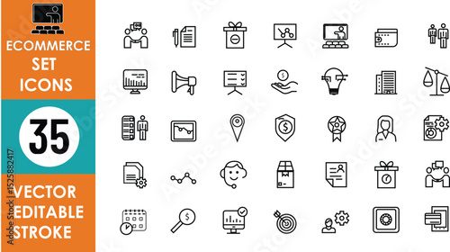 Vector line icons set for eCommerce: includes shopping cart, megaphone, delivery, analytics, money, calendar, headset, credit card, balance scale, barcode, and more