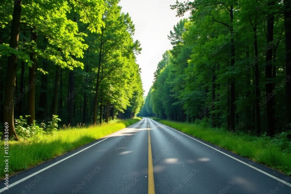Fototapeta premium Asphalt road cutting through a lush green forest canopy, sunlight illuminating the path ahead