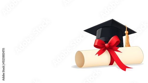 Graduation cap and diploma with red ribbon illustration for academic achievements