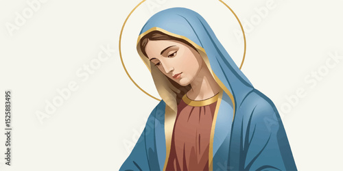 Elegant vector illustration of Mother Mary in a minimalistic religious icon style, featuring smooth line art and gentle gradient colors