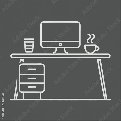 A desk with a computer coffee cup drink and drawers is visible