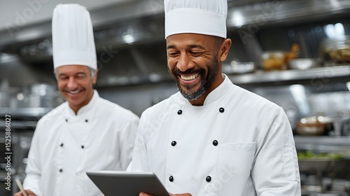 Two chefs in white uniforms smile in a commercial kitchen using a tablet.