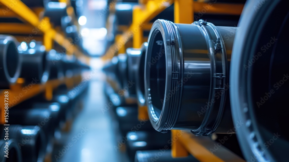 Fototapeta premium Warehouse pipes storage, industrial facility, plastic tubing, inventory management, manufacturing