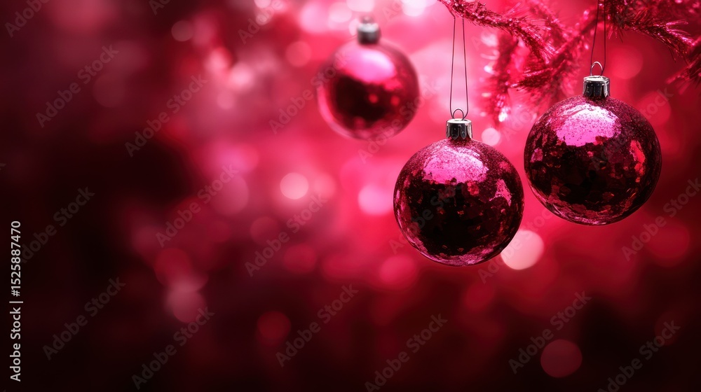 Fototapeta premium Red Christmas ornaments hanging on tree branch, bokeh background, festive holiday greeting card