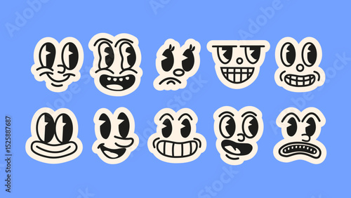 Emotional icon set – quirky mascot expressions- Colorful Y2K-style badge icons featuring cartoonish faces with wild emotions- rage, joy, shock, and sass. Ideal for mood boards, mobile UI, journals